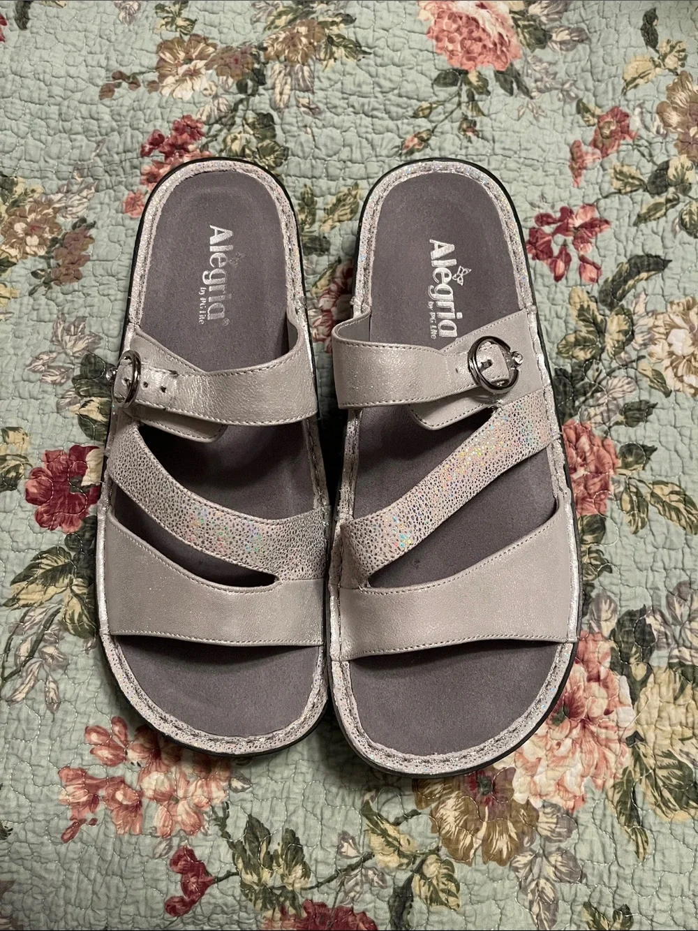 Alegria Women's Silver Holographic Strap Comfort Sandals